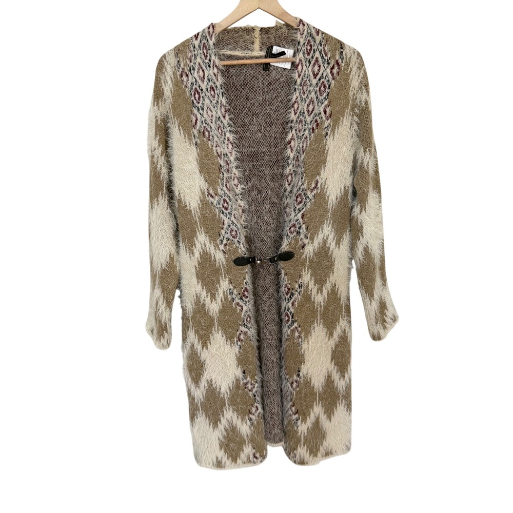 BCBGMAXAZRIA Cardigan S Tan Geometric Eyelash Knit Toggle Longline Sweater